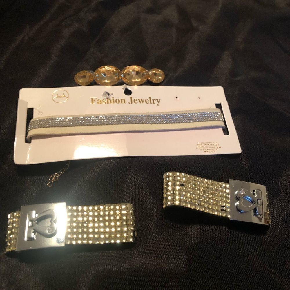 Prom accessory bundle – one choker, two bling bracelets, one jeweled hair clip